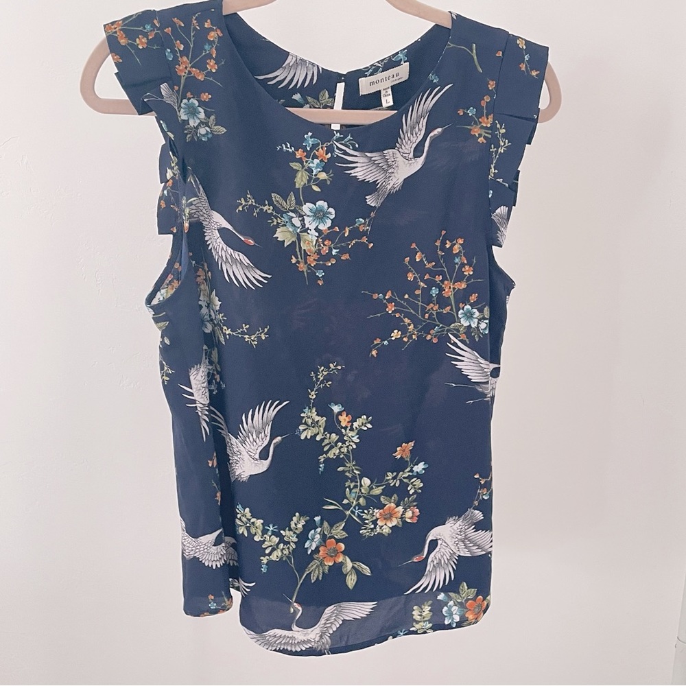 Monteau navy blue and white crane sleeveless blouse nwot large